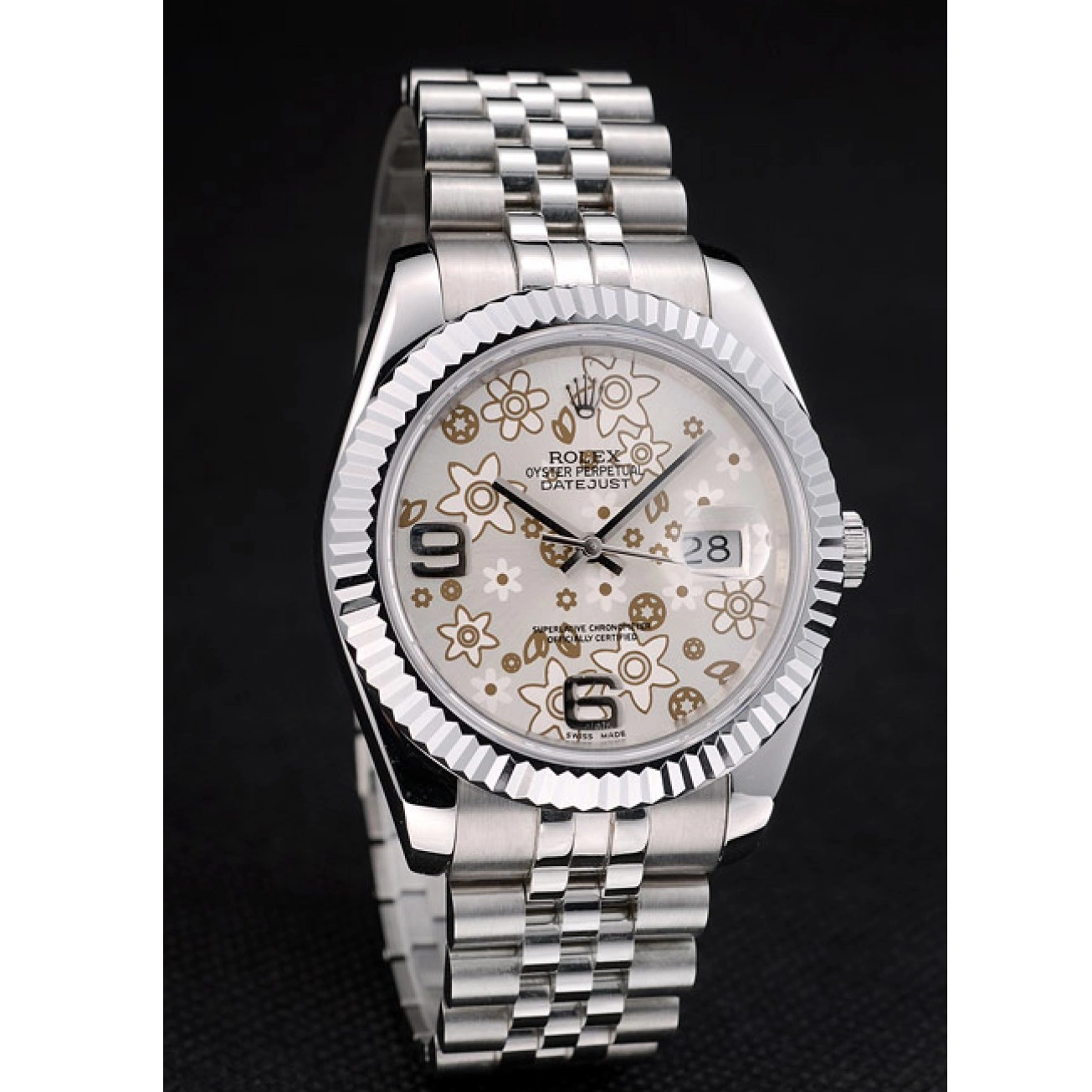 Aaa fake watches Stainless Bezel 42001 Steel Swiss Rolex DateJust Ribbed Silver Flower Dial 0820